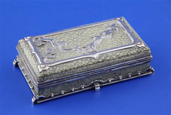 An early 20th century Arts & Crafts silver and shagreen rectangular trinket box in the manner of John Paul Cooper, 3in.